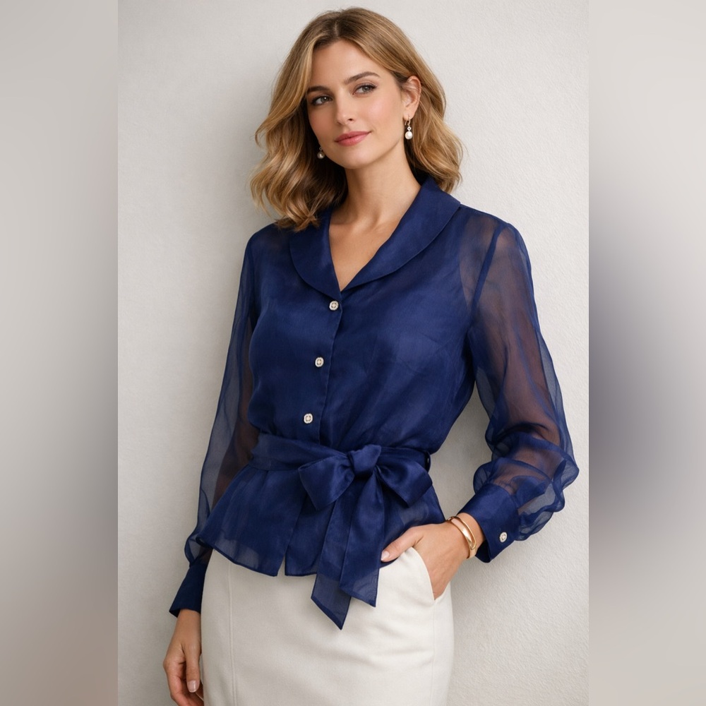 Talbots Petites 100% Silk Navy Sheer Petite Blouse Romantic Luxury Tie Waist